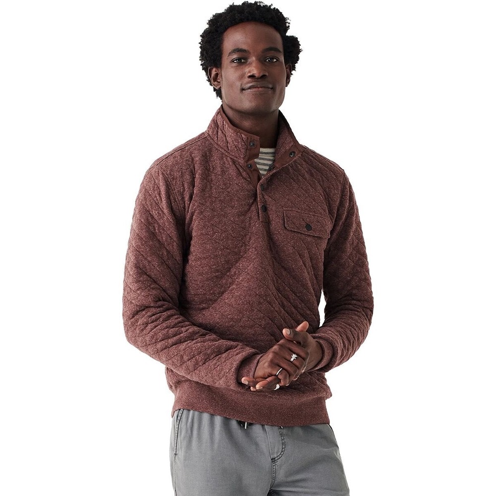 Faherty Brand Epic Quilted Fleece Pullover Burgundy Brown Heather Snap Mock Neck